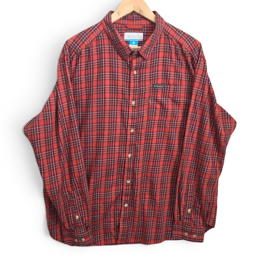 Columbia Shirt‎ Mens XL Red Plaid Button Up Long Sleeve Pocket Casual Stretch